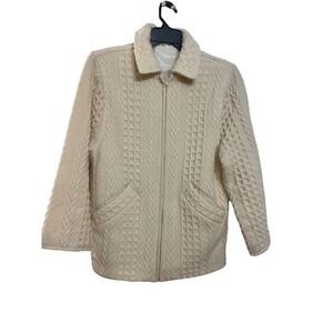 Cream Cable Knit Zip Front‎ Jacket Womens M Pockets Collar Cozy Outerwear